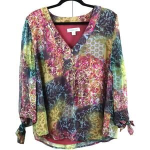 Coldwater Creek SILK Floral Blouse Gauze Chiffon Watercolor Bow Tie Sleeve XL